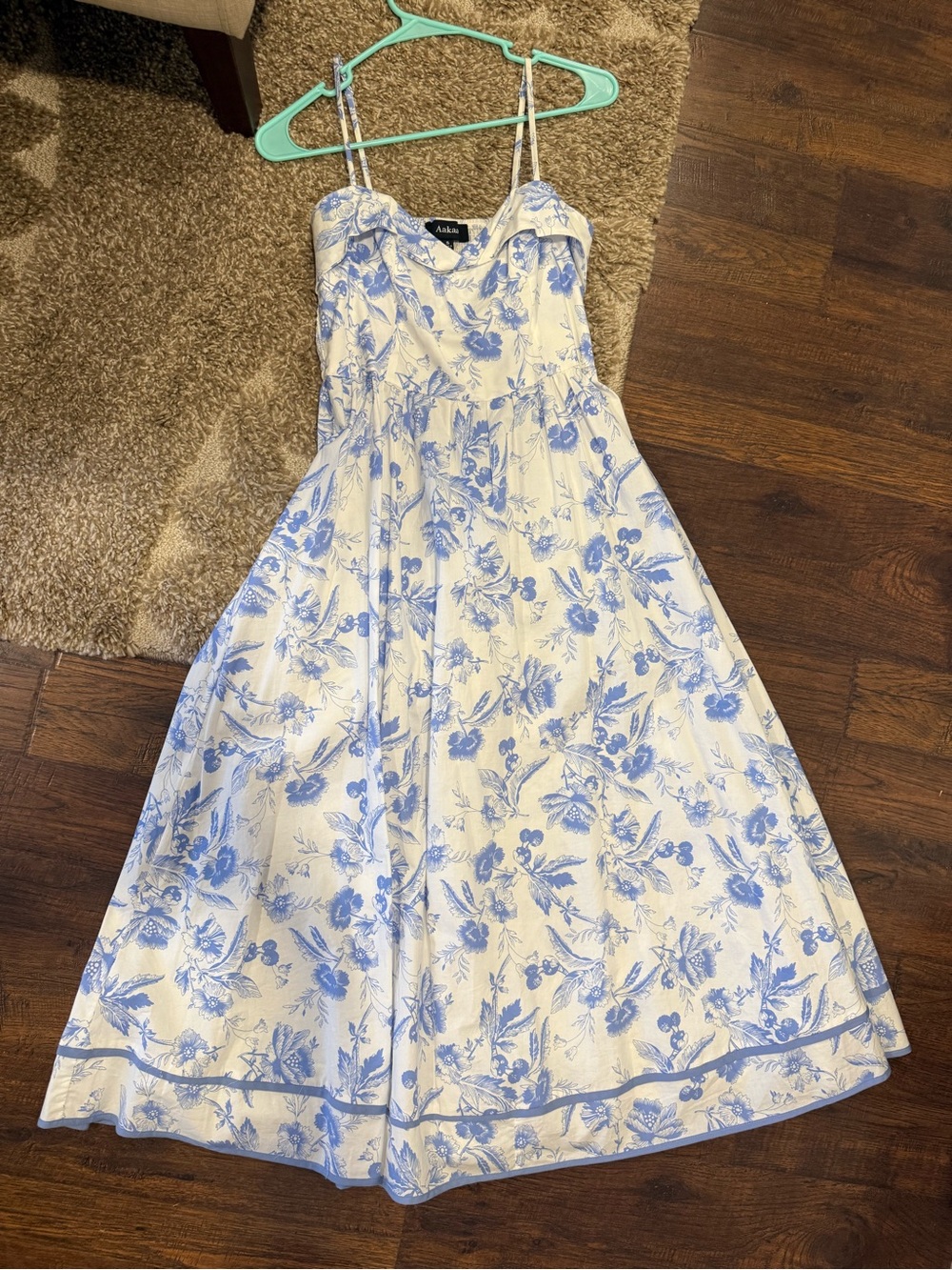 Aakaa White Midi Dress with Blue Floral Print